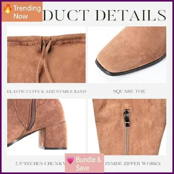 Square Toe Thigh High Boots 2.5 Inch Heel Suede Side Zipper